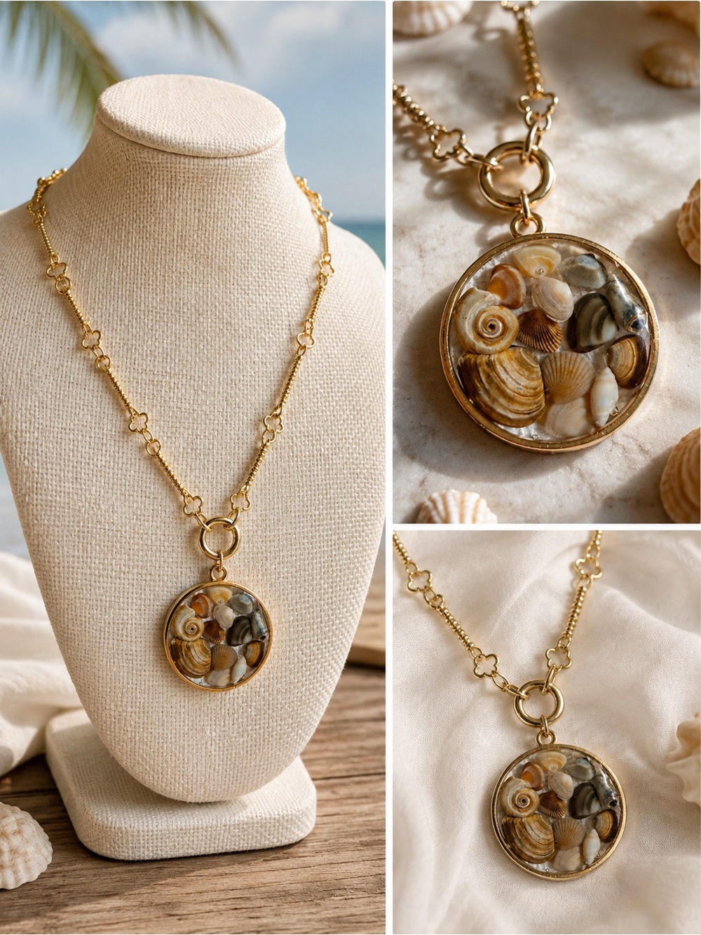 14k Gold Plated Shell Pendant Necklace with Floral Link Chain Tarnish resist
